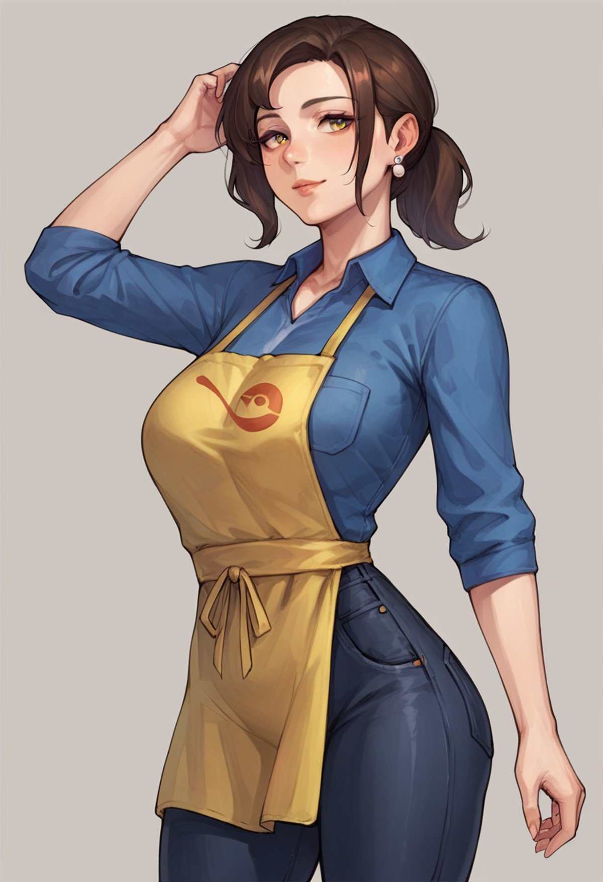 <lora:Paldea_Mother_Pokemon_ScarletViolet_PDXL:0.6> mother_sv, blue shirt, yellow apron, black jeans, grey background, solo, simple background, score_9, score_8_up, score_7_up, score_6_up, score_5_up, score_4_up, BREAK, uncensored