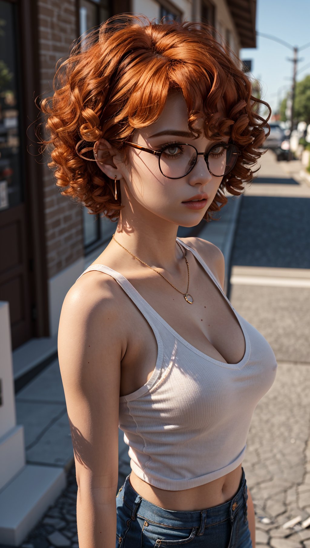 masterpiece,best quality,(3d:1.3),godrays,sunlight,1girl,bangs,black-framed eyewear,breasts,orange hair,(((curly hair))),closed mouth,collarbone,glasses,lips,looking at viewer,nose,round eyewear,shirt,short hair,solo,upper body,spade earrings,spade necklace,