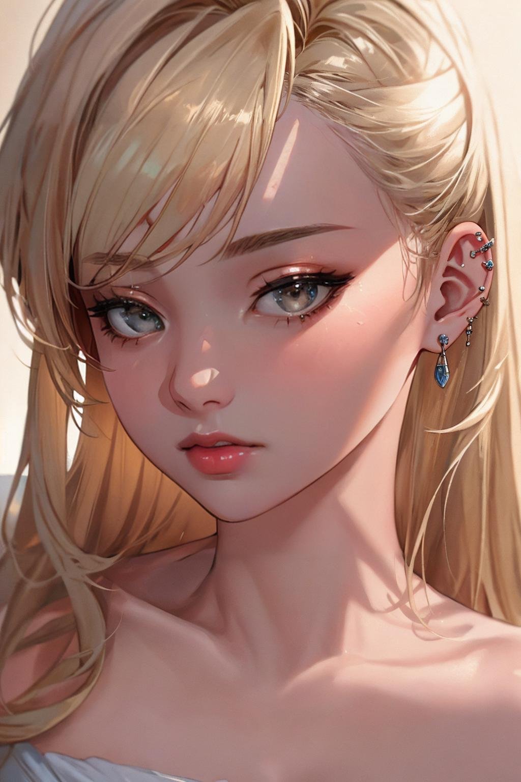 ((Masterpiece, best quality,photography, detailed skin, realistic, photo-realistic, 8k, highly detailed, full length frame, High detail RAW color art, diffused soft lighting, shallow depth of field, sharp focus, hyperrealism, cinematic lighting,close up)),edgEarPiercing, blonde woman,  solo,1girl, piercing, ring, heart shaped ear piercing, wearing edgEarPiercing, <lora:edgEarP:0.7>