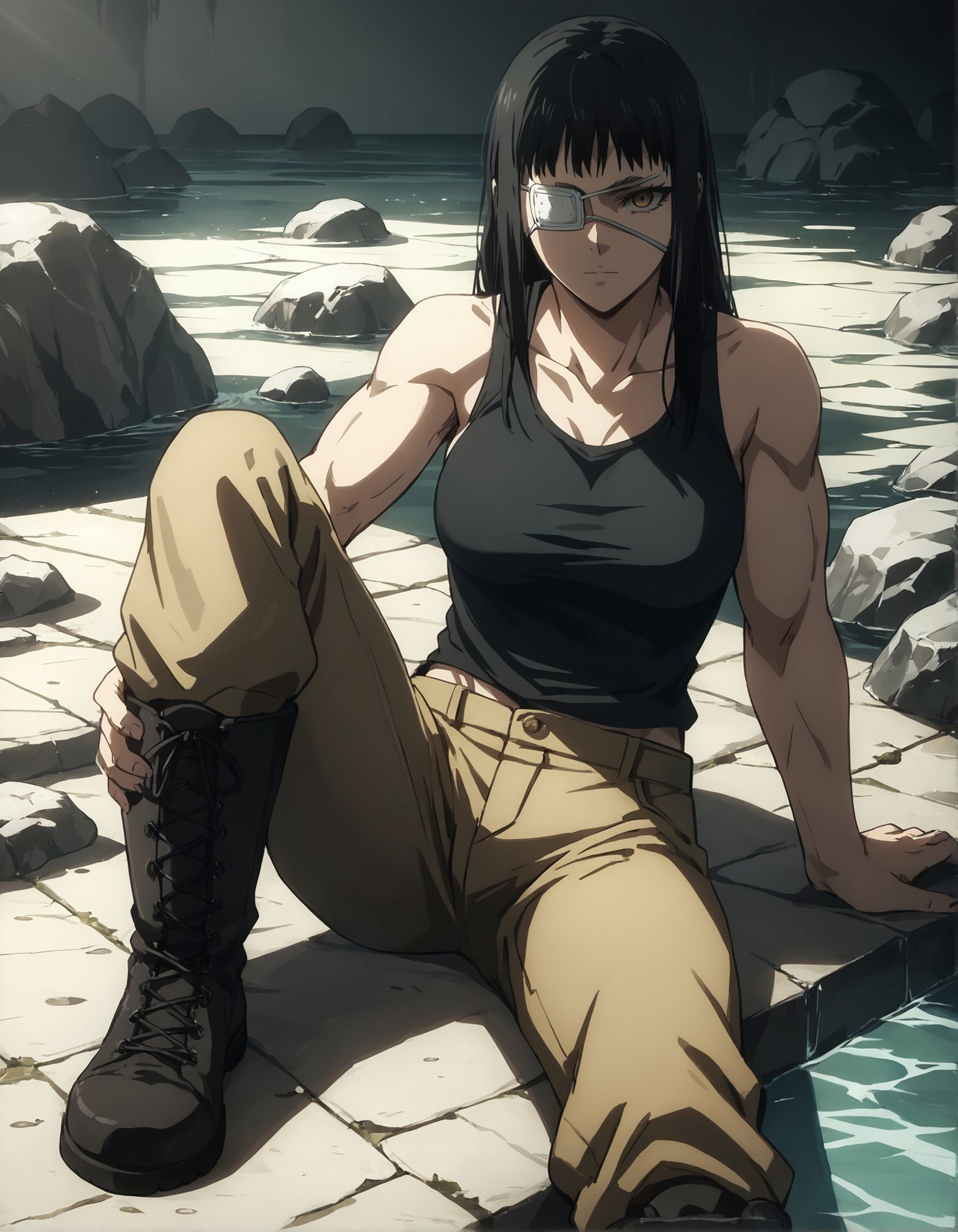 score_9, score_8_up, score_7_up,score_6_up,high resolution,source_anime,s0fiavalm3t,1girl,eyepatch,black hair,long hair,tank top,pants,boots,water,rocks,volumetric lighting,rim lighting,dof,dramatic shadow,full body,dynamic pose,looking at viewer,pov,laying down