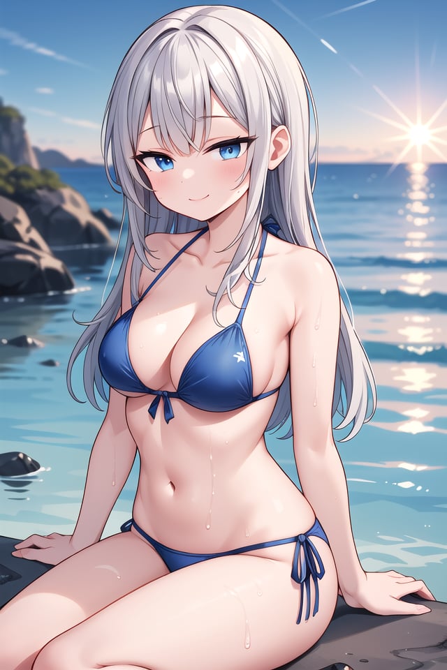 insanely detailed, absurdres, ultra-highres, ultra-detailed, best quality,1girl, solo, nice hands, perfect handsBREAK(pastel colored bikini:1.3)BREAKhappy smile, laugh, closed mouth,sitting on beach, seductive pose, cowboy shotBREAKslender, kawaii, perfect symmetrical face, ultra cute girl, ultra cute face, ultra detailed eyes, ultra detailed hair, ultra cute, ultra beautifulBREAKDimly lit morning sea Capture the mysterious beauty of the ocean as it slowly awakens under the faint light of dawn, depth of field, ultra detailed backgroundBREAKlarge breasts, cleavage, extremely detailed navel, (wet skin:1.2), (shiny skin:1.3)BREAKgrey hair, blue eyes, medium long hair,