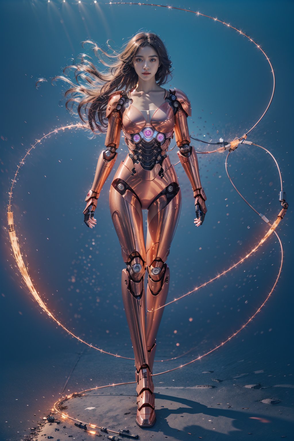 sdmai，jixieji, 1girl, solo, joints, long hair, robot joints, android, brown hair, mechanical parts, full body, floating hair, looking at viewer, standing, lips<lora:机械姬jixieji:0.7>,