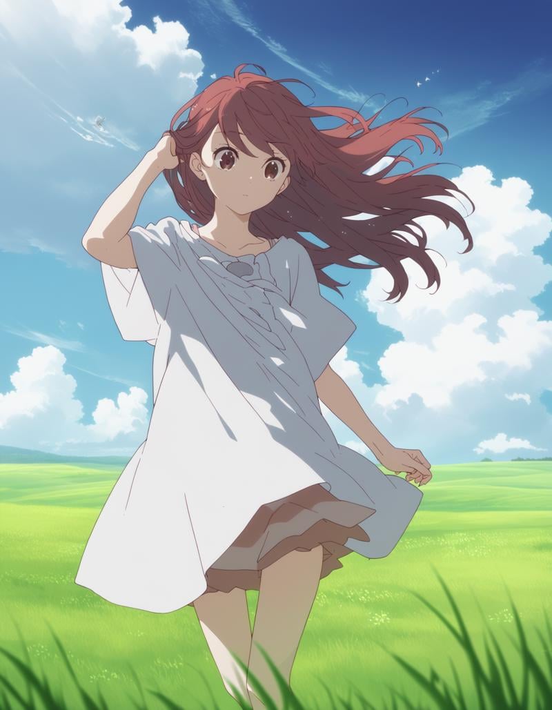 score_9,  score_8_up, score_7_up, source_anime, <lora:rin-ponyxl:0.9> rnshltr,1girl, cowboy shot, hand in own hair, grass, wind, blue sky