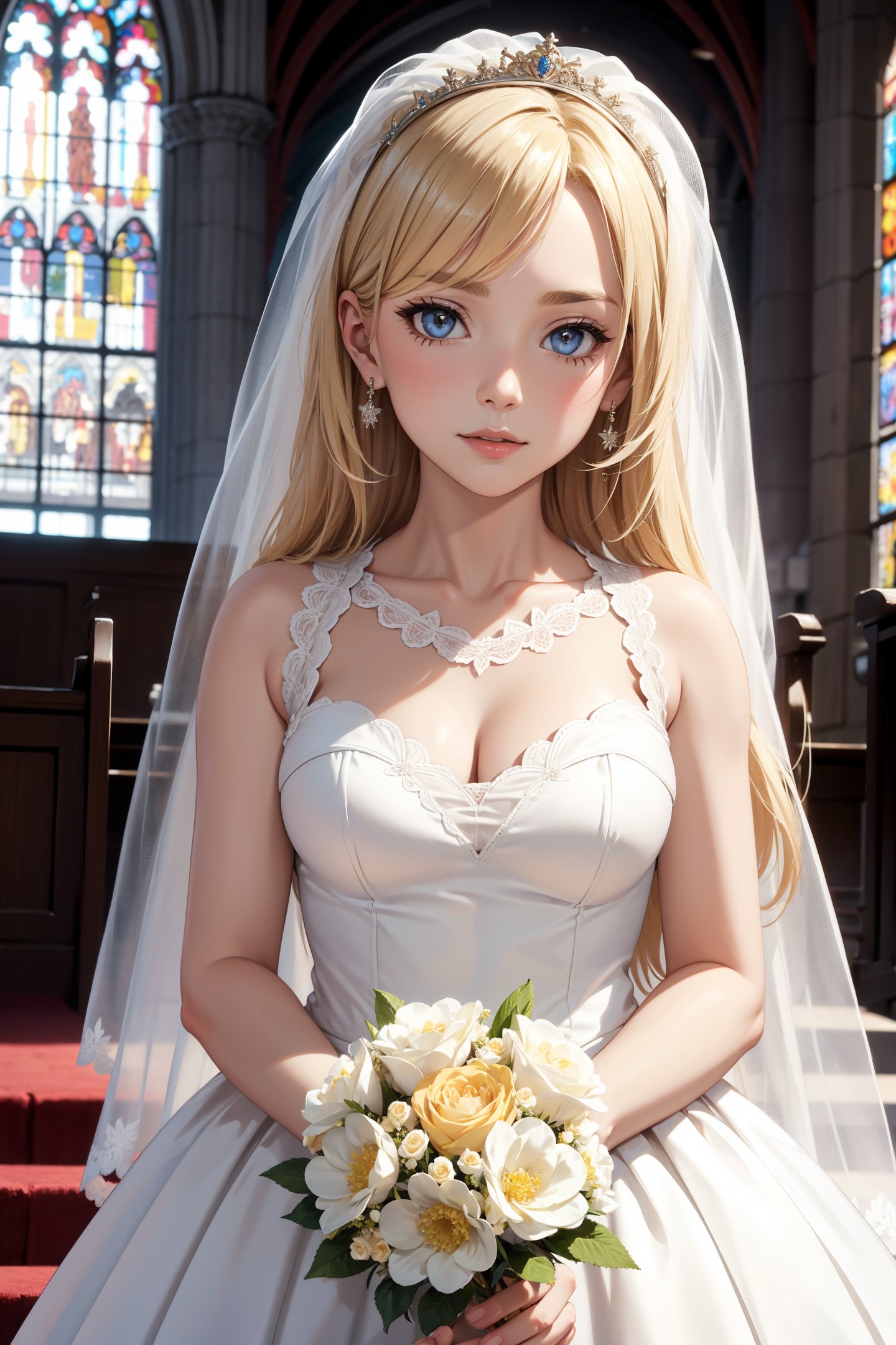 mature woman,blonde,portrait,church,wedding dress,holding flower,day,long hair,close up