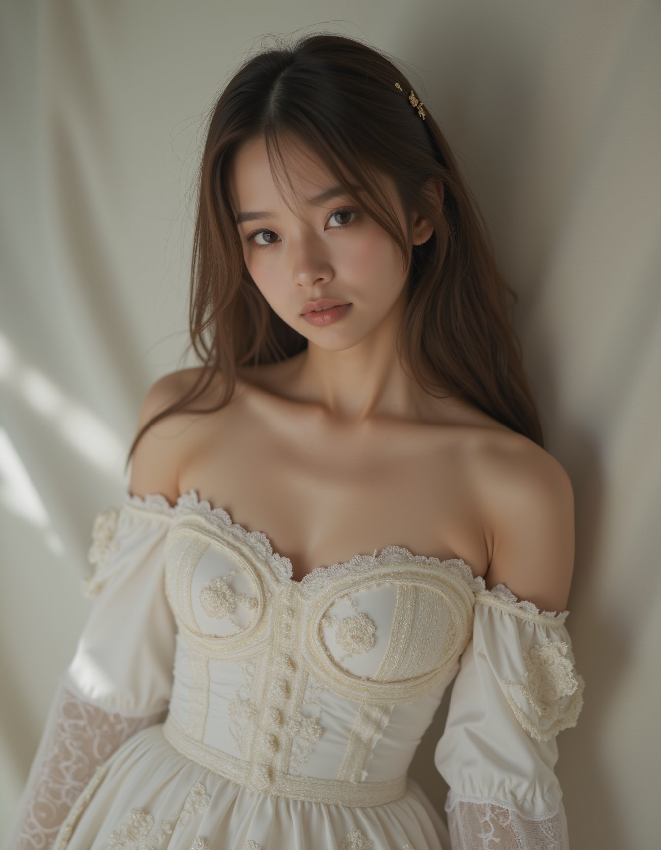 A best quality, masterpiece, ultra sharp photographic, raw photo of a girl dressed in an ornate white off-shoulder Rococo gown, embodying the elegance of 19th-century fashion. Her long brown hair flows gracefully over her shoulders, framing her shy face as she looks directly at the camera with a gentle, demure expression. The photo captures her at eye level, highlighting her delicate features and the subtle hint of cleavage visible through the intricate detailing of her gown. The setting is simple, with a clean background that keeps the focus on her. The shot is taken from a middle distance using a long-range lens, creating a professional cinematic feel with soft shadows and a subtle bokeh effect that blurs the background beautifully. Far side key lighting casts a soft, even glow on her, enhancing the balanced contrast and exposure, making every detail of her outfit and expression stand out. The overall composition exudes a timeless elegance, with the photograph perfectly capturing the blend of historical style and modern photography techniques