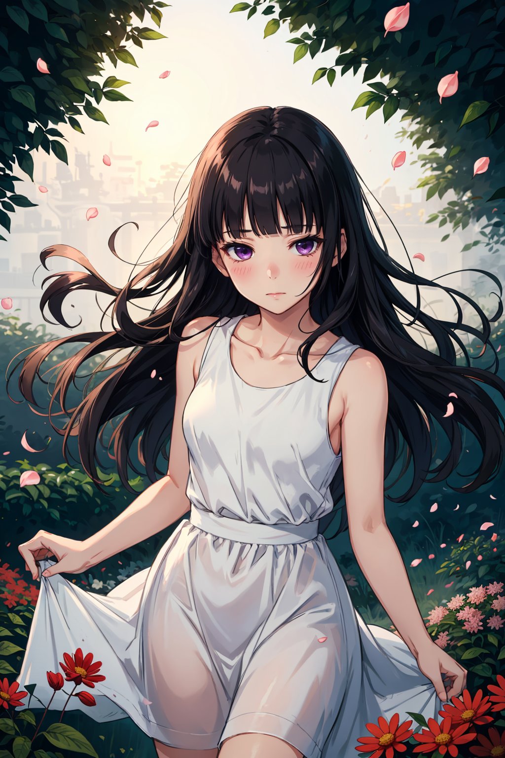 1girl, mature face, mature female, blush, erotic, purple eyes, calm expression, sleeping, black hair, long hair, blunt bangs, hime cut, small breast, white sleeveless dress, garden, floating petals, ambient lighting, night, looking at the viewer, foggy