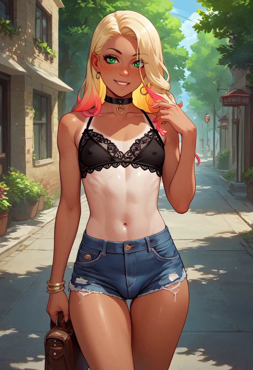 score_9, score_8_up, score_7_up, Expressiveh, f3mb0y, 1girl, solo, 21 years old, fair skin, femboy, trap, young face, perfect face, freckles, long hair, blonde hair, colored highlights, green eyes, tan lines, denim shorts, lace top, braless, small breasts, sexy pose, seductive, street background, <lora:bralessSDXL_v1_00022:1> <lora:Concept Art Twilight Style SDXL_LoRA_Pony Diffusion V6 XL:0.8>  <lora:Expressive_H:0.8> <lora:FemboyV1:0.8>