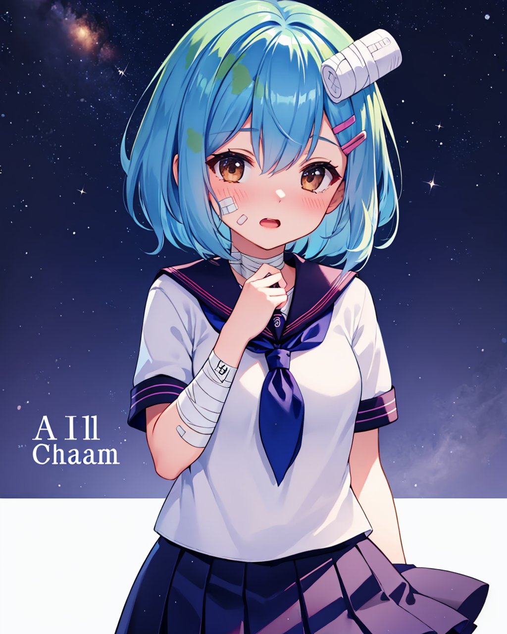 masterpiece,best quality, highly detailed, earth-chan,1girl, solo, blush, hand on own chest, speech bubble, open mouth, arm behind back, space, bandaid on face, star (sky), personification, bandages, serafuku, pleated skirt, hairclip, artist name, breasts,<lora:earth-chan:1>