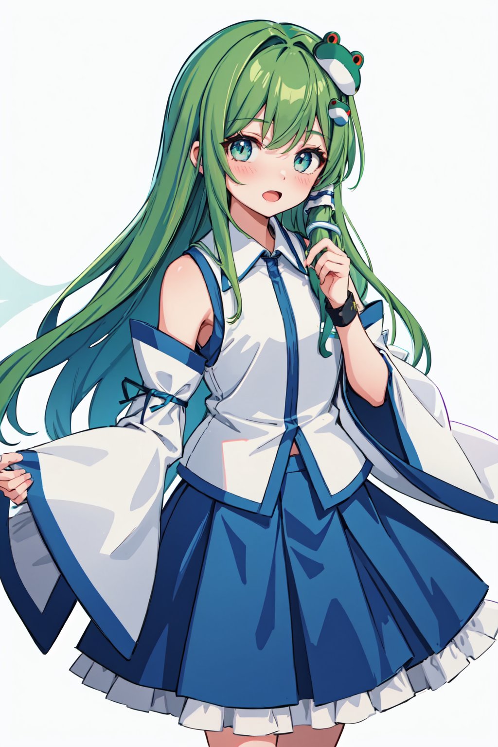 kochiya_sanae,1girl,solo,frog_hair_ornament,snake_hair_ornament,hair_tubes,detached_sleeves,open_mouth,looking_at_viewer,wide_sleeves,blush,white_shirt,blue_skirt<lora:kochiya_sanae:1>,simple background,white backgroundmasterpiece,best quality, highly detailed, 