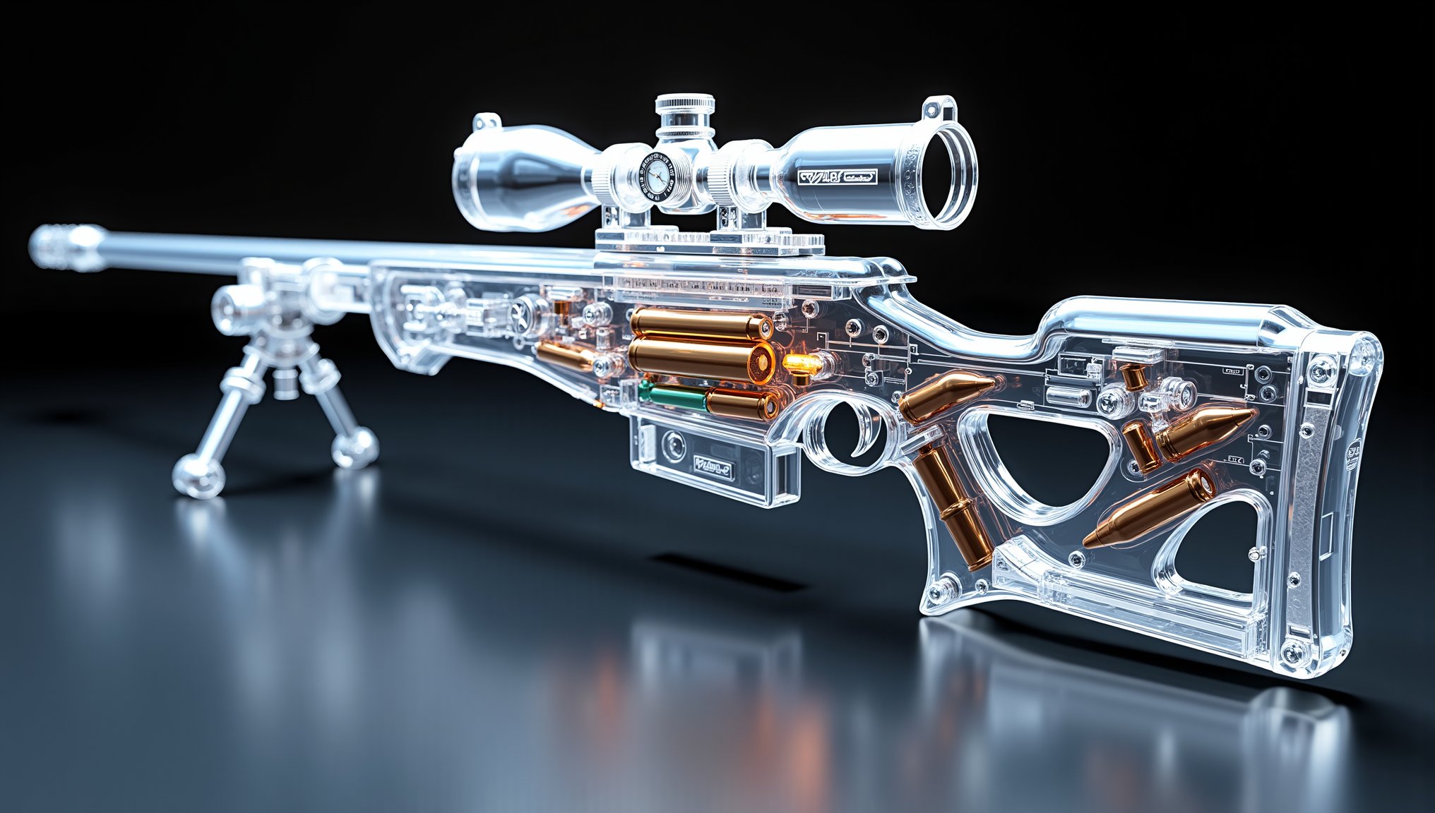 spectacular digital rendering of a (transparent:1.8) sniper rifle with sight gun, revealing internal mechanical components such as bullets, and internal chambers, detailed textures, detailed machinery, accurate lighting and shadows, 8k quality, intricate patterns, high-definition, glossy finish, vivid reflections, perfect lighting, showroom BREAK