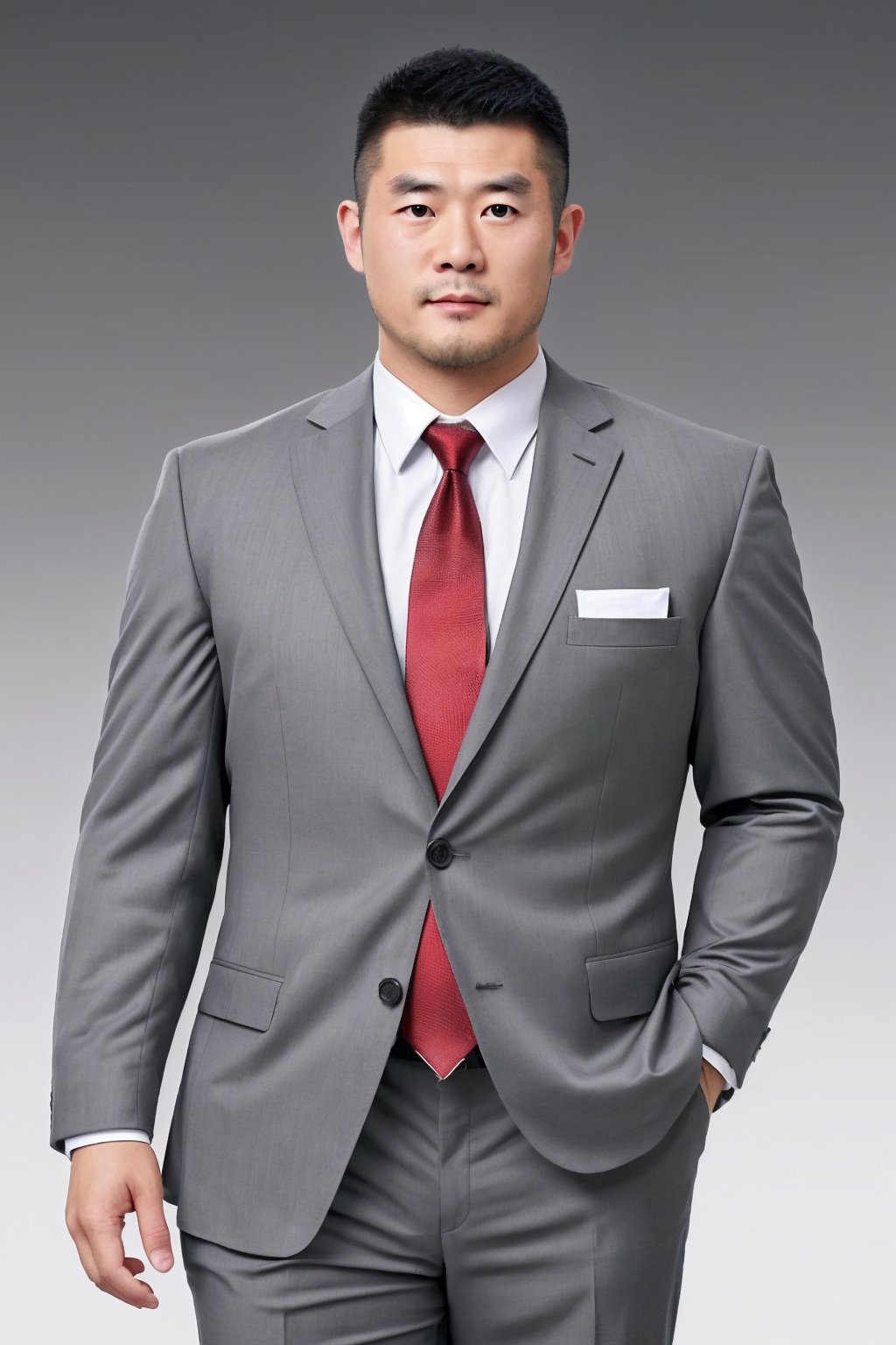 zhuangxiong,muscular male,male focus,bara,suit,shirt,tie,gray gradient background,