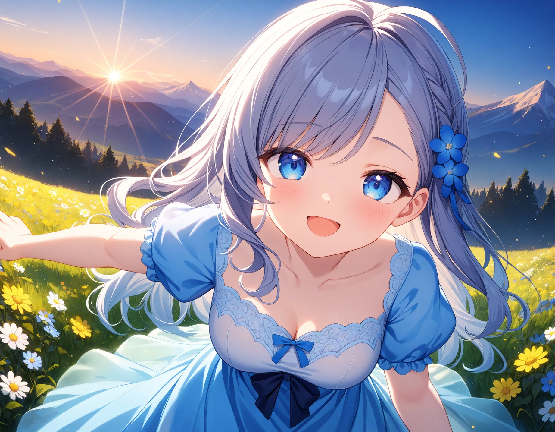 Depth of field. Upper body shot. Face focus. Cinematic angle. A cute girl. Solo. Serene smile. Open mouth. Leaning forward. Looking at viewer. (Round face:1.1). Detailed dark-blue eyes. Tareme. Detailed body. Medium breasts. Long wavy hair. Gray hair. Gray inner hair. Side french braid. Ahoge. Asymmetrical bangs. (White chiffon long dress:1.05). Puffy short sleeves. Meadow. (Colorful flowers:1.15). Mountain view. Sunrise view. (Morning:1.2). (Blue hour light:1.4). Cute style. Intricate details. Extremely detailed. Outstanding intricacies. (Masterpiece:1.2). (Best quality:1.2). (Absurdres absolutely resolution:1.4).