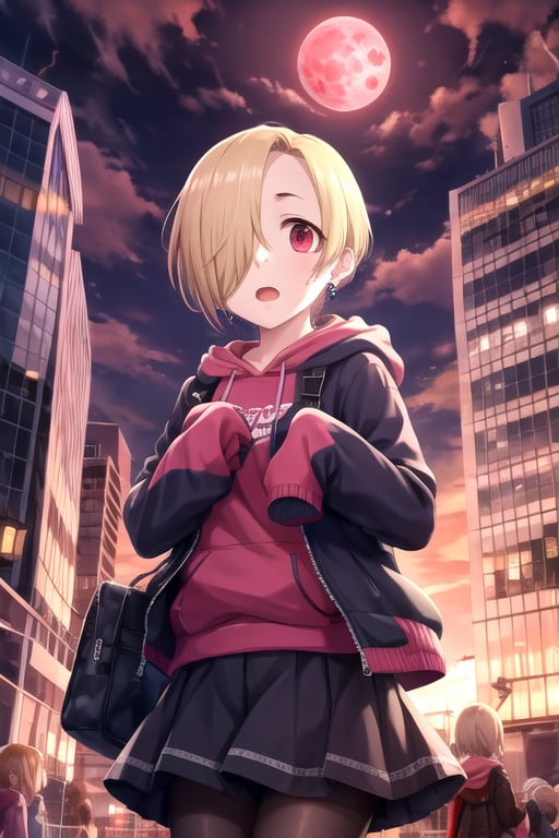 <lora:KoumeShirasaka-07:0.7>, shirasaka koume, 1girl, looking at viewer, short hair, open mouth, multiple girls, skirt, blonde hair, red eyes, jewelry, jacket, pantyhose, pleated skirt, earrings, sky, solo focus, cloud, hood, hair over one eye, sleeves past wrists, hoodie, night, 6+girls, moon, full moon, sleeves past fingers, bags under eyes, lightning, red moon, red sky