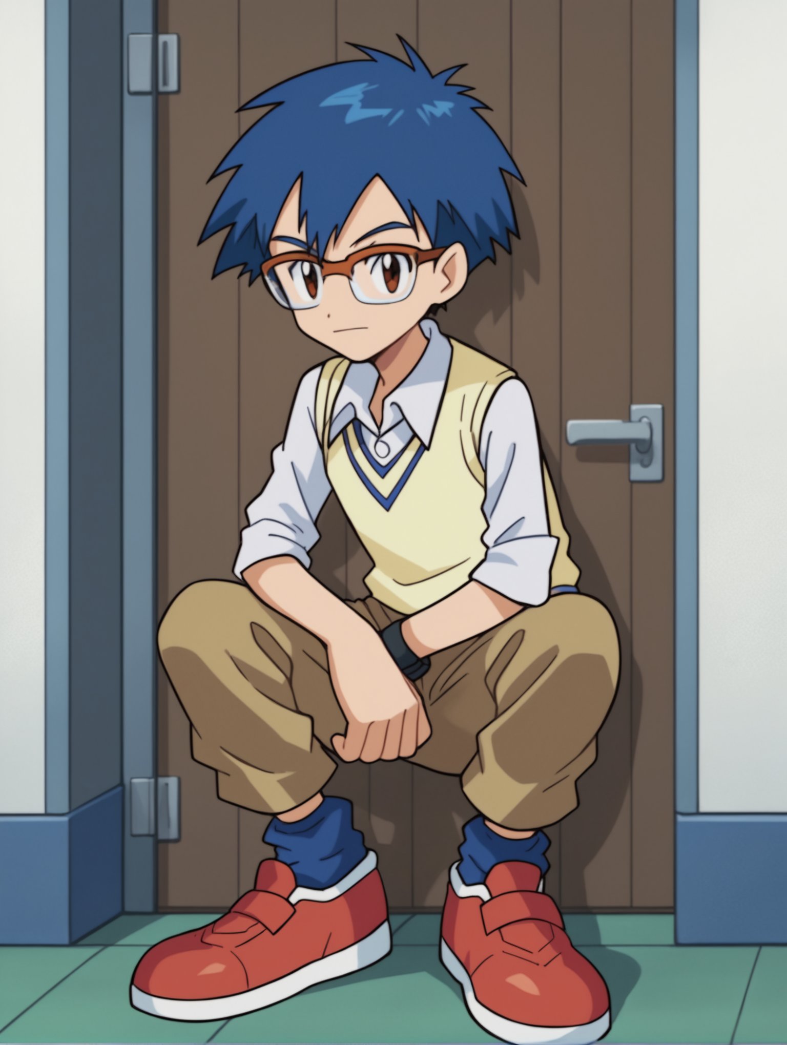 score_9, score_8_up, score_7_up, score_6_up, score_5_up, score_4_up, source_anime, BREAKlooking at viewer,  <lora:Digimon:0.8> digimon, 1boy, solo, jo, brown eyes, blue hair, glasses, white shirt, collar, sweater vest, brown shorts, blue socks, white and red shoes,