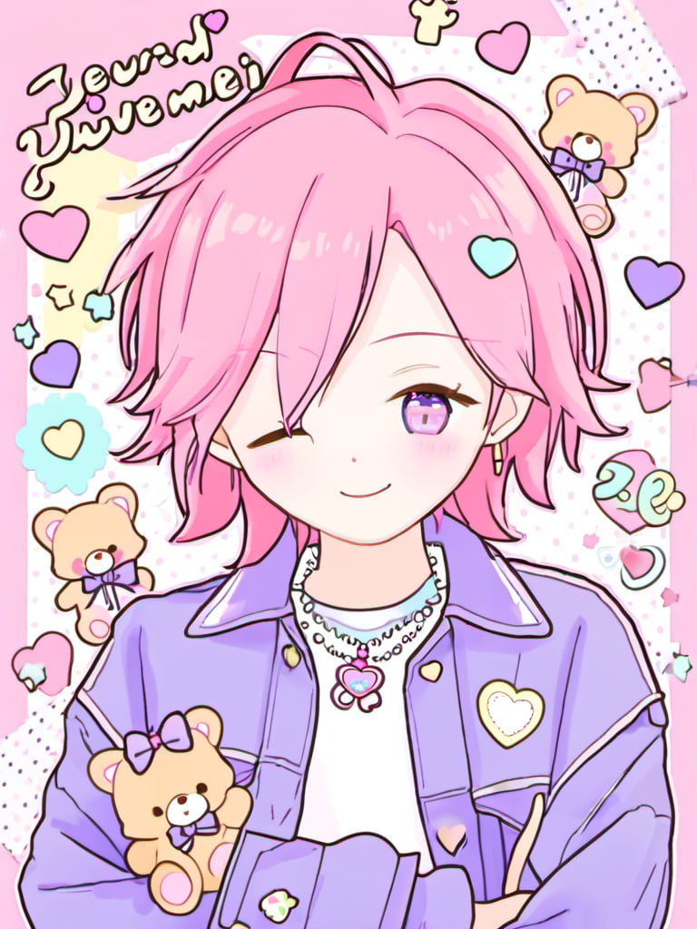 <lora:cartoon_stickers_xl_v1:0.8>,a girl with pink hair and a blue jacket with a pink background and a pink background with a cartoon character,solo,looking_at_viewer,blush,smile,short_hair,bangs,shirt,hair_ornament,long_sleeves,1boy,jewelry,purple_eyes,jacket,upper_body,pink_hair,male_focus,heart,one_eye_closed,hairclip,necklace,star_\(symbol\),stuffed_toy,crossed_arms,stuffed_animal,teddy_bear,purple_jacket,bear,pastel_colors,ahoge,character_name,