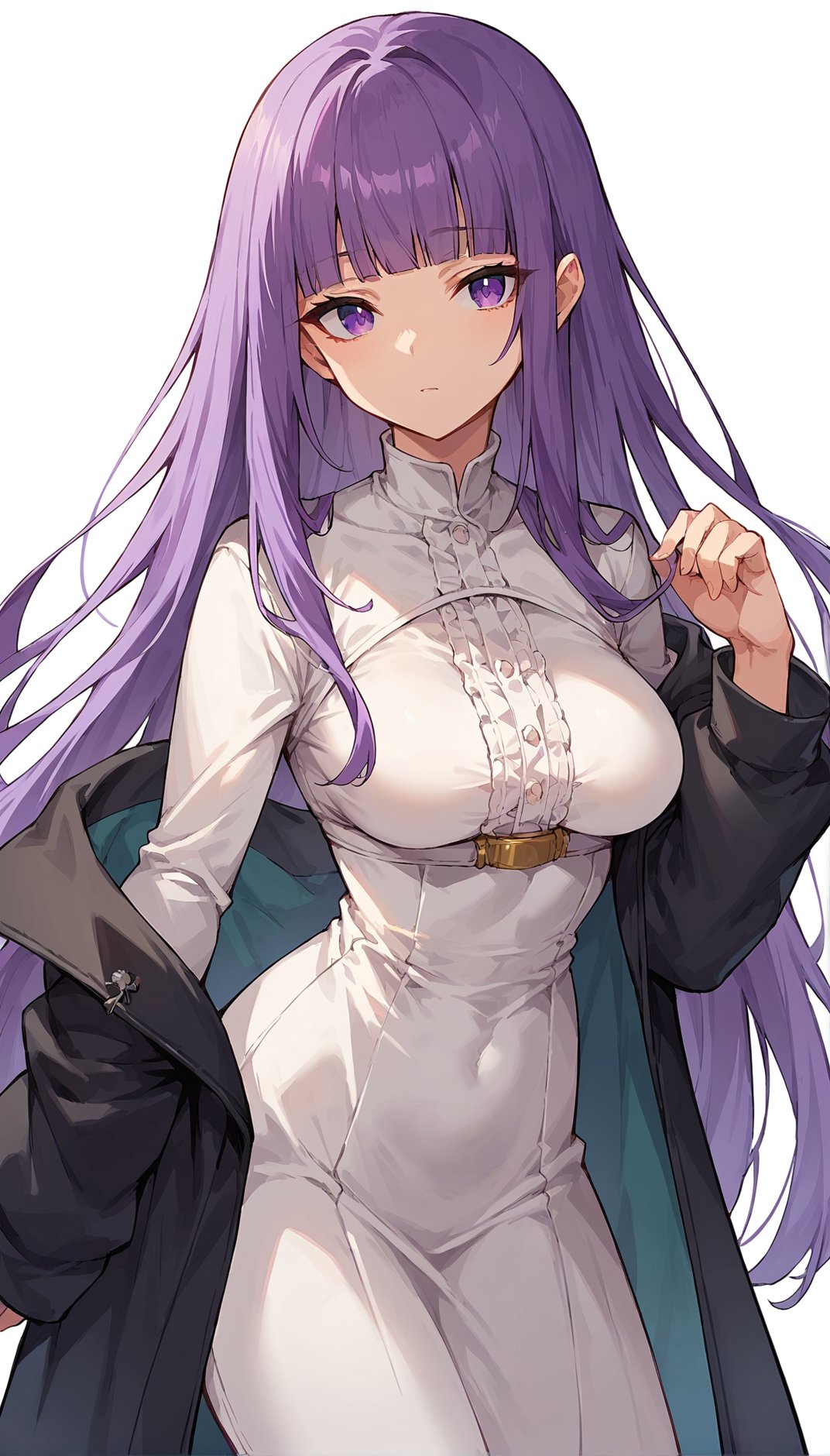 score_9, score_8_up, score_7_up, score_6_up, source anime, rating questionable, 1girl, white dress, black coat, purple eyes, long hair, purple hair, solo, breasts, long sleeves, looking at viewer, blunt bangs, long sleeves