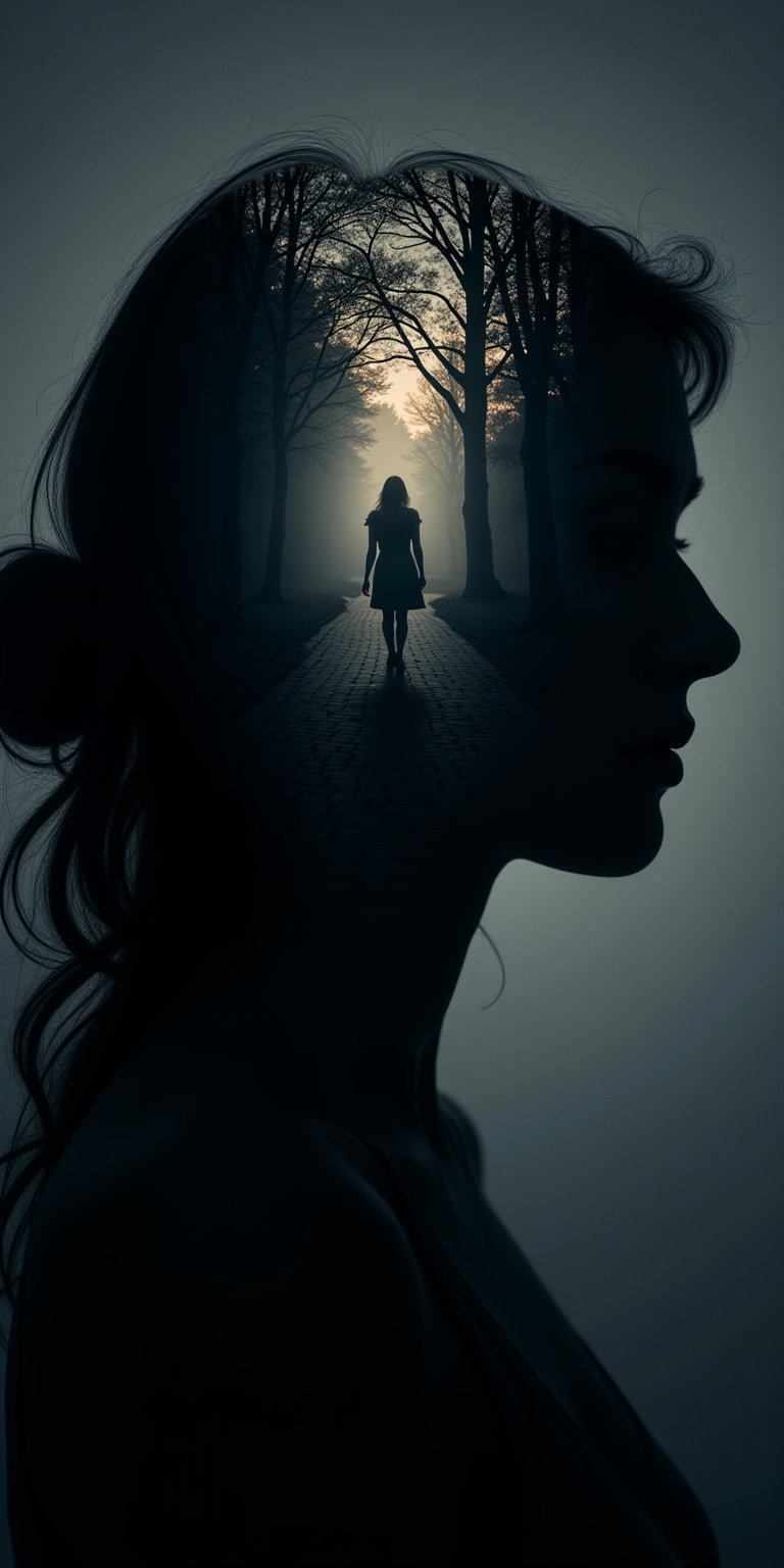 MN,A silhouette of the woman's head,with her hair forming an opening that reveals another figure walking on a path in darkness. The background is dark and mysterious,adding to the overall mood of intrigue. This double exposure effect creates depth by blending two contrasting images seamlessly into one. It symbolizes mystery,shadowy selfIronical beauty.,