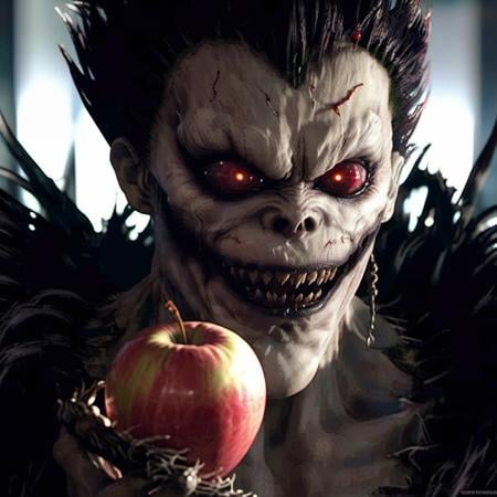 Ryuk1024, a demon, eating a red apple, highly detailed, photography, ultra sharp, film, bokeh, professional, 64k  <lora:add-detail-xl:1.5> <lora:Ryuk1024-000544:0.8>