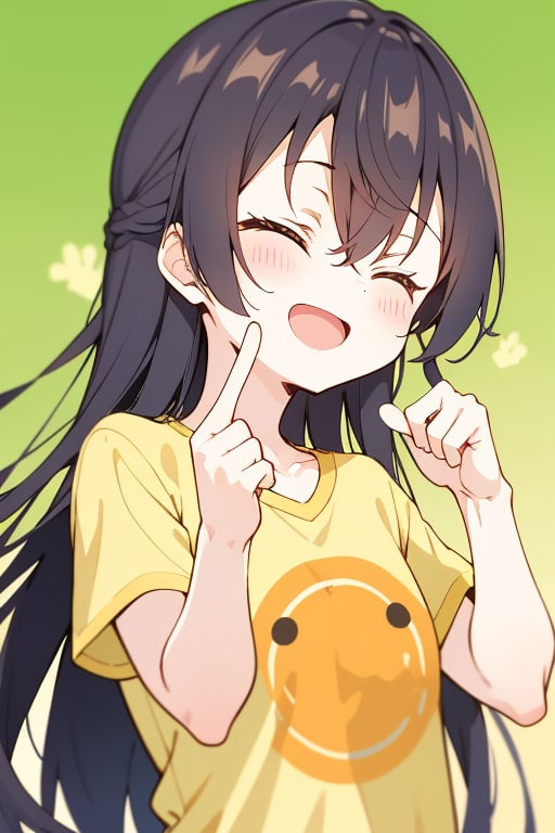 a girl pointing hands to her cheek,Suo Yuki,solo,long hair,smile,open mouth,bangs,black hair,hair between eyes,closed eyes,upper body,short sleeves,facing viewer,yellow shirt,pointing at self,bear print,sonoda umi,<lora:lbc_Suo_Yuki_v1.0-000008:0.8>,