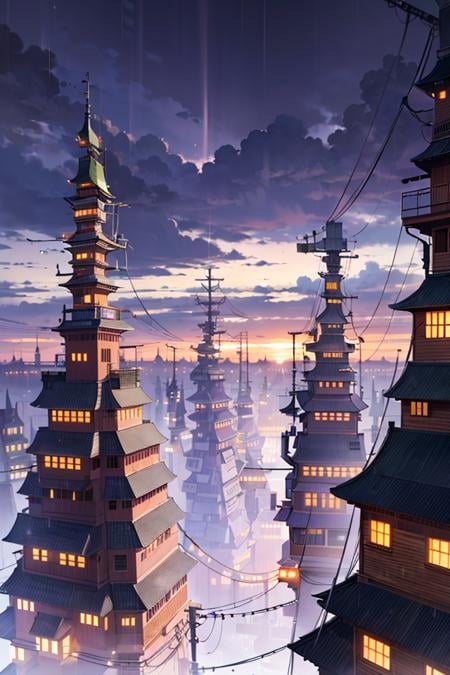 lanscape, amegakure  buildings, towers, dawn, cables, heavy rain, purple sky cloud, pipes, electricity, fog, cloudy sky, anime style, ghibli style,  ray of lights, <lora:ARWAmegakure:1>