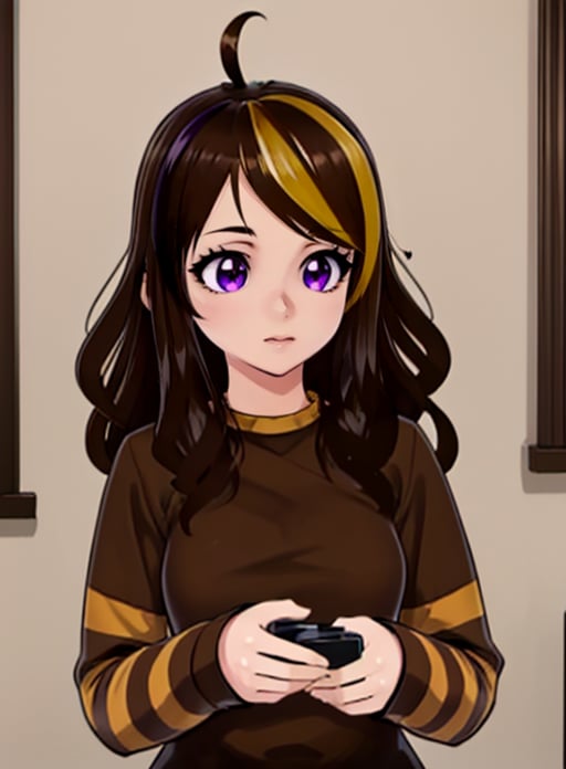 best quality, (masterpiece),(ultra-detailed), (high quality), (high resolution), <lora:kiarafey-10:0.7>, kiarafey, brown hair, long hair, multicolored hair, purple eyes, blonde hair, streaked hair, ahoge,striped, brown sweater, 