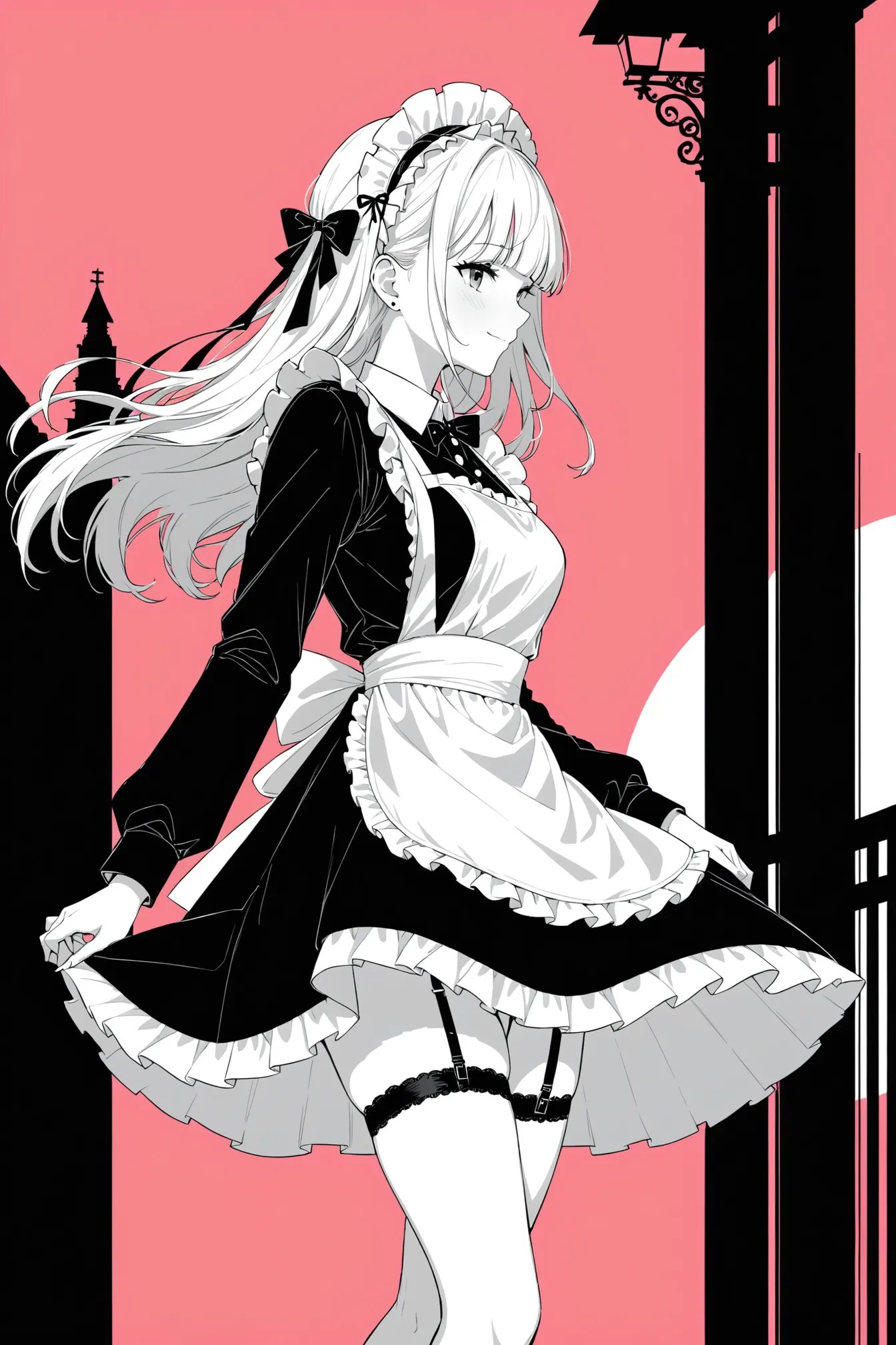 1girl, solo, masterpiece, best quality, very aesthetic, simple background, apron, black jacket, blunt bangs, boots, closed mouth, dress, floating hair, garter straps, hair behind ear, half updo, jacket, limited palette, long hair, long sleeves, looking at viewer, maid, maid apron, maid headdress, no shoes, outdoors, parted bangs, pink background, profile, sidelocks, smile, standing, thighs, white hair, white apron