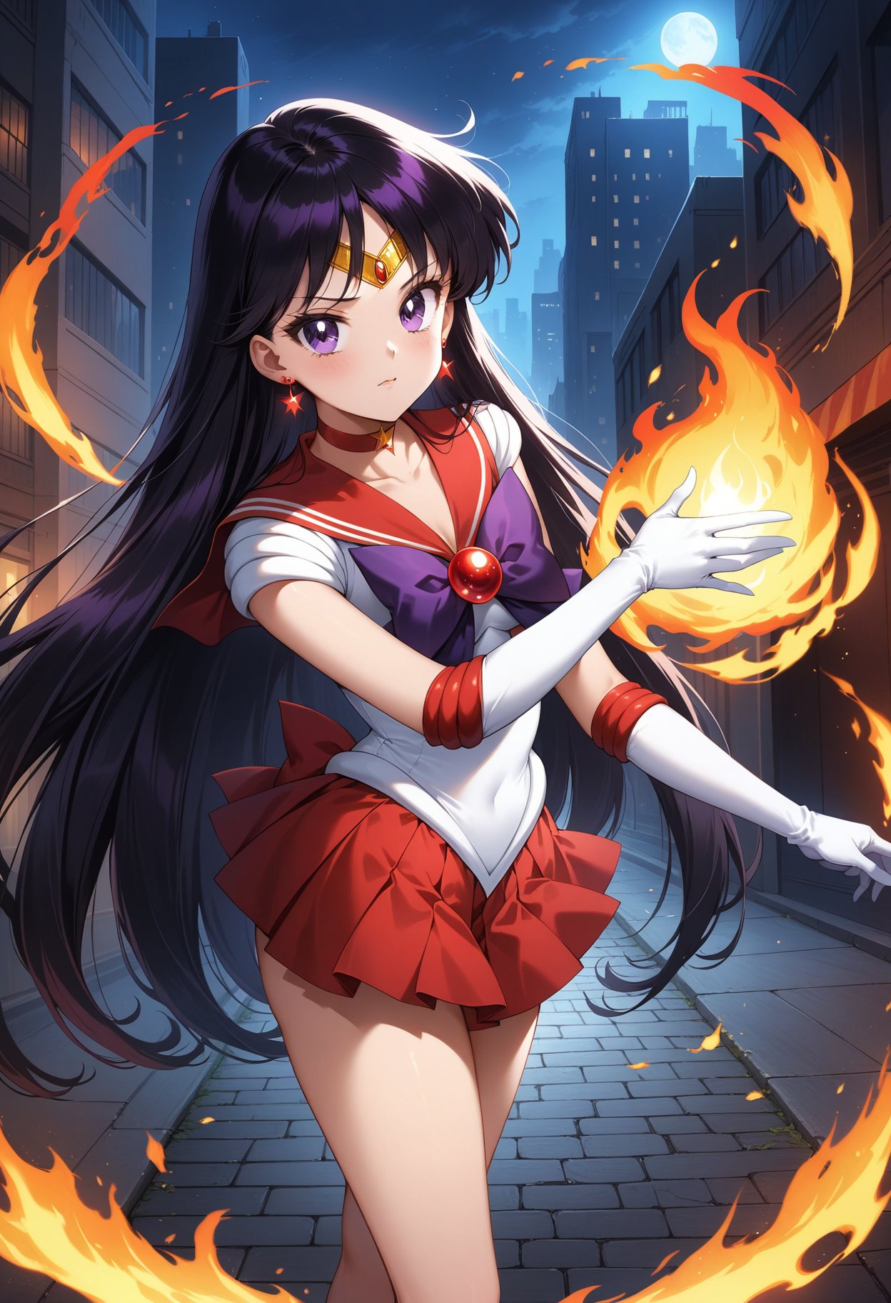 (masterpiece, best quality, very aesthetic, ultra detailed), intricate details, 4k, aamars, long hair, black hair, tiara, earrings, red choker, red sailor collar, purple bowtie, white shirt, elbow gloves, white gloves, pleated skirt, red skirt, bare legs, <lora:sailor_mars_animaginexl_v1:0.9>, magic, fire, city, street, night, standing, cowboy shot