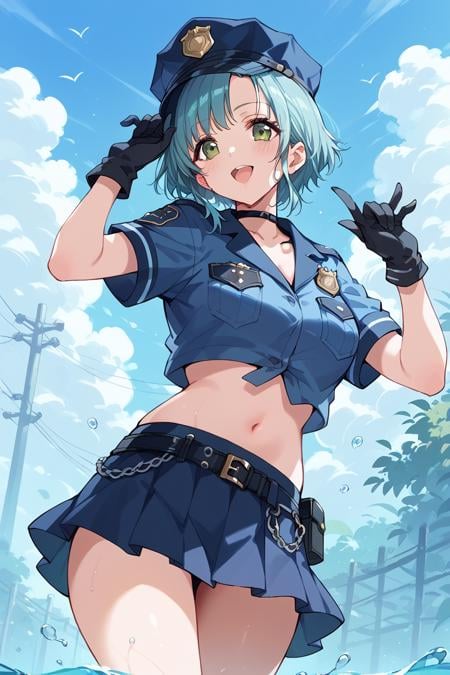 score_9, score_8_up, score_7_up, score_6_up, 1girl,<lora:Hanamaki_Towa:0.9> towa, police, policewoman, navel, short skirt, cap, black gloves,