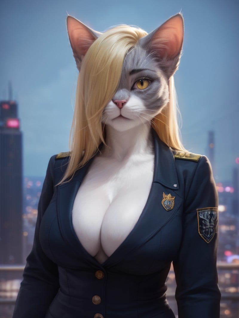 score_9, score_8_up, score_7_up, photorealistic, high quality, raw photo, female, furry cat, grey fur, eyebrow, stylize hairstyle, long blonde hair,hair covered eye, yellow eye, erotic black uniform, huge breast expose, breast  cleavage, hand on wide hips, sexy pose, front view, night city skyline background