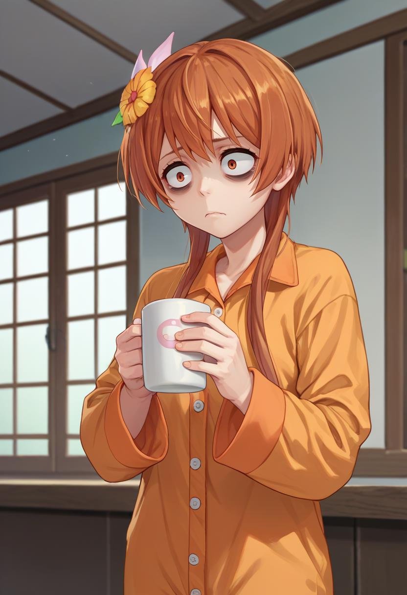 score_9, score_8_up, score_7_up, source_anime, solo, 1girl, tachibana marika, tired, standing, holding coffee mug, short hair with long locks, hair flower, bags under eyes, orange pajamas, indoors, bedroom <lora:nisekoi_marikatachibana_ponyXL:1>