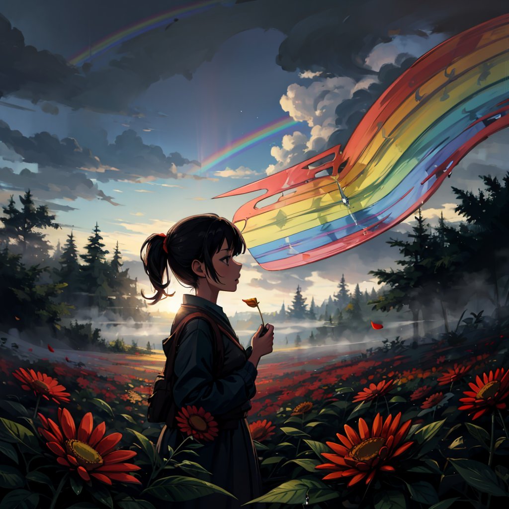 1girl, flowers, leaf, swirling mist, rainbow mist, dripping, traditional texture, (silhouette:1.3), rainbow:1.3