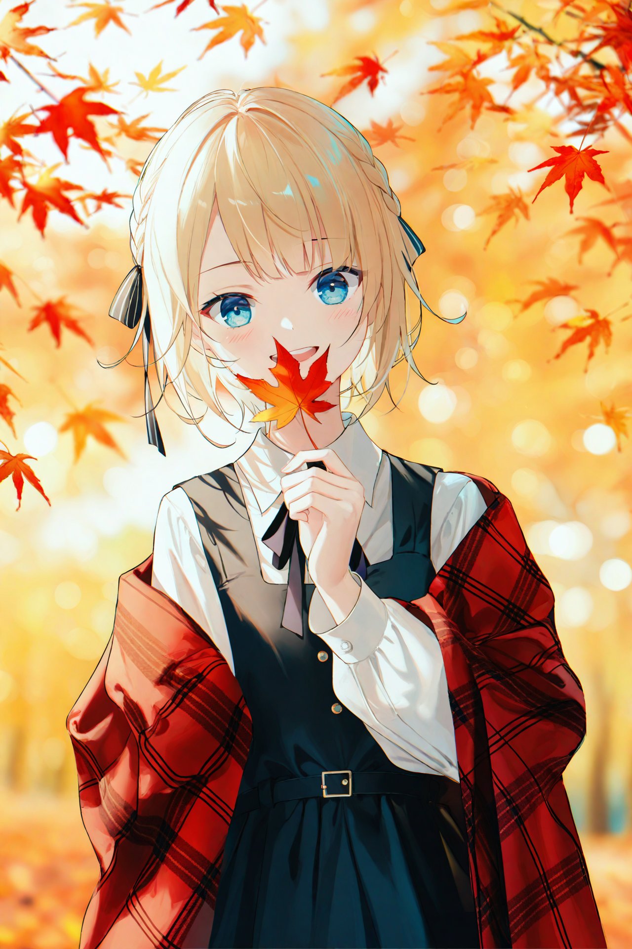 masterpiece,best quality,high quality,(colorful),[Artist toosaka asagi],[[[Artist wlop]]],[Artist chen bin],[Artist omone hokoma agm],Artist hiten (hitenkei),1girl,solo,maple leaf,holding,shirt,holding leaf,white shirt,blurry,autumn leaves,smile,long sleeves,looking at viewer,leaf,hair ribbon,ribbon,sleeveless,open mouth,depth of field,sleeveless dress,braid,dress,hair ornament,outdoors,upper body,shawl,:d,black dress,blurry background,ribbon braid,plaid,blush,scarf,black ribbon,blurry foreground,pinafore dress,blue eyes,autumn,blonde hair,fringe trim,teeth,