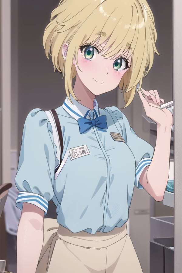 yuinishida, <lora:yui nishida s1-lora-nochekaiser:1>,yui nishida, short hair, blonde hair, (green eyes:1.3), ahoge, blush, blush sticker, smile,BREAK shirt, bow, short sleeves, puffy sleeves, apron, blue shirt, name tag, waitress,BREAK indoors, restaurant,BREAK looking at viewer, (cowboy shot:1.5),BREAK <lyco:GoodHands-beta2:1>, (masterpiece:1.2), best quality, high resolution, unity 8k wallpaper, (illustration:0.8), (beautiful detailed eyes:1.6), extremely detailed face, perfect lighting, extremely detailed CG, (perfect hands, perfect anatomy),