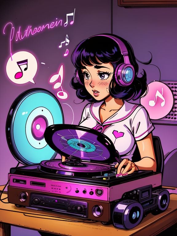 smooth perfect skin, smooth lines, extremely detailed digital comic book art by Paul Lehr , Lauren_LaForge mind control machine, hypnotized, entranced, pheromones, (musical note:1.3), headphones, (1950s \(style\), phonograph record player), mind control music, bimbofication,