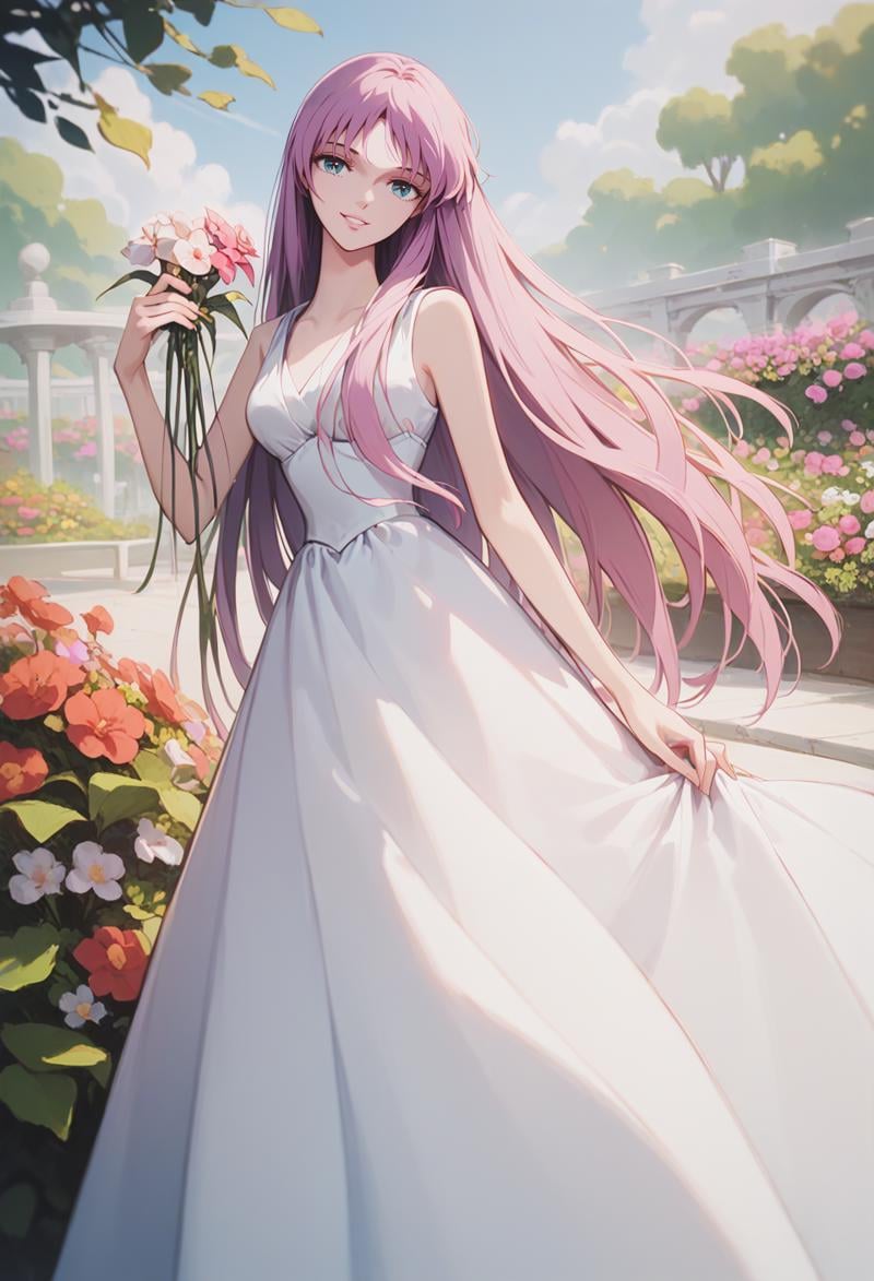 score_9, score_8_up, score_7_up, best quality, intricate details, masterpiece, BREAK<lora:SaoriKido_Pony_v08:1> athenakido, sleeveless dress, aqua eyes,hot,hand in own hair, parted lips, smile, head tilt, flowers, holding flower,garden, estate