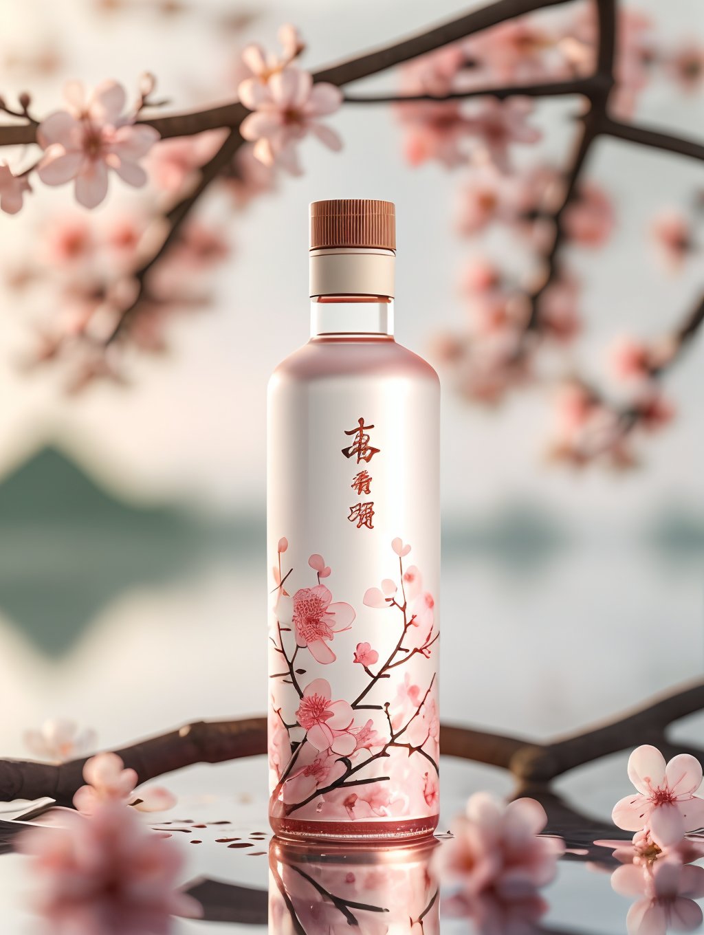 blurry,no humans,branch,bottle,depth of field,cherry blossoms,flower,blurry foreground,chinese text,tree,blurry background,scenery,floral print,GQSY 