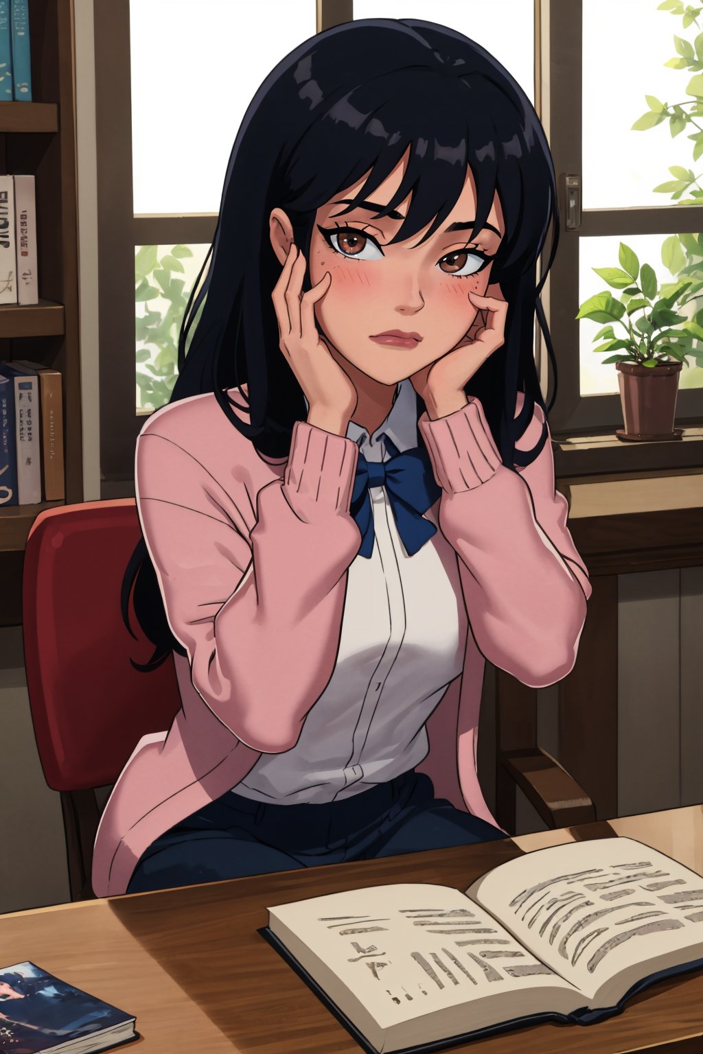 (masterpiece, best quality:1.2),   <lora:somethingunlimited:1>, somethingunlimited, 1girl, solo, book, brown eyes, indoors, long hair, white shirt, shirt, holding, black hair, blush, looking at viewer, sitting, pen, window, long sleeves, bookshelf, closed mouth, hand on own face, cardigan