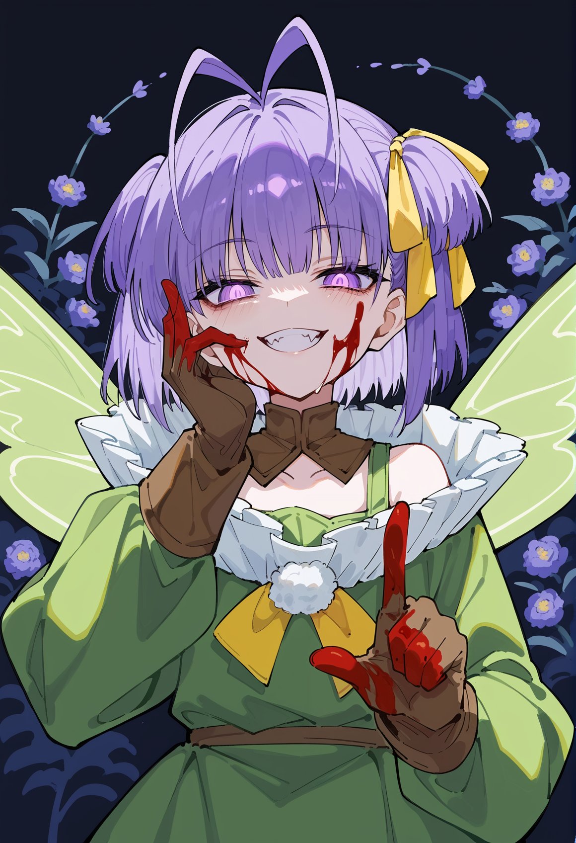 1girl, solo, short hair, purple hair, antenna hair, twintails, single sidelock, yellow ribbon, purple eyes, detached collar, green dress, frills, bare shoulders, bike shorts, fairy wings, brown gloves, upper body, hand on face, blood, blood on face, blood on hands, evil smile, teeth, yandere, horror \(theme\), glowing eyes, garden, night sky, fang, heavy breathing, half-closed eyes, pointing at viewer, from below  <lora:Muryan:1>, score_9, score_8_up, score_7_up, score_6_up, score_5_up, score_4_up, BREAK source_anime, masterpiece