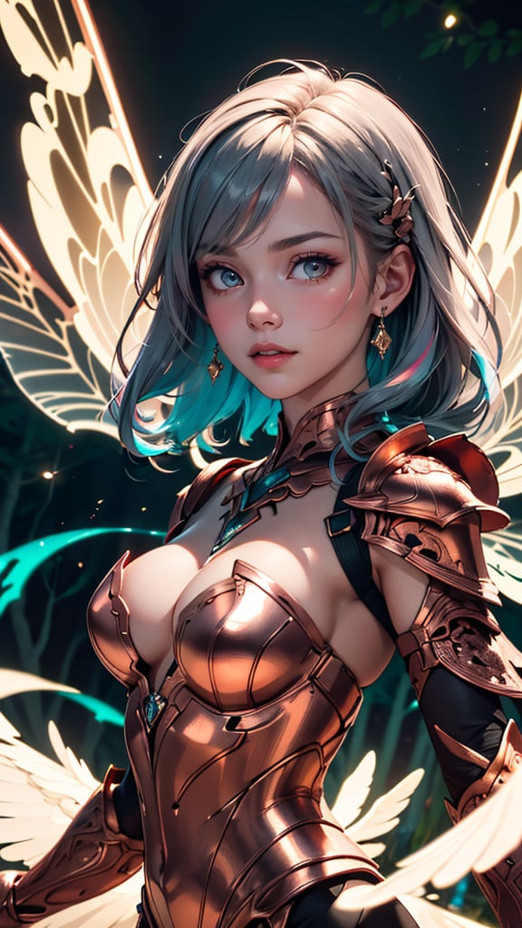 (best quality, masterpiece, colorful, highest detailed) upper body photo, fashion photography of cute (1 young cute fire fairy), french bob copper hair, silver eyes, in high detailed copper light armor, (reflective, intricated), big detailed fire wings, chromatic aberration, colorful, bright colors, (ultra-detailed body), (light smile:0.3), moonlight passing through hair, (enchanted forest background:1.3), (intricate details), (dynamic angle)