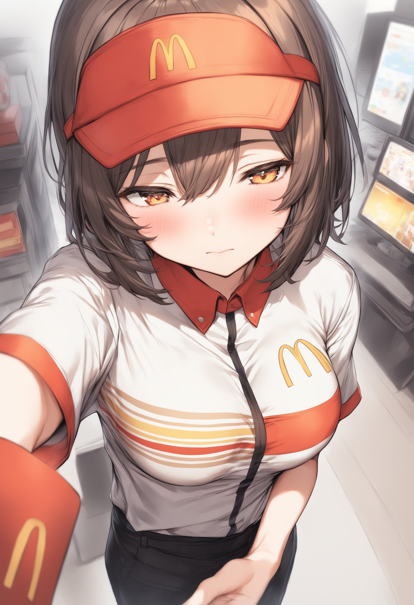 1girl, <lora:sdxl2-flat2-512b:-1>,medium breasts,solo,<lora:macXLv1:0.9>,mac,solo, employee uniform, fast food uniform, visor cap, short sleeves, clothes writing,from above, portrait, looking down, blush, closed mouth,best quality,medium quality,