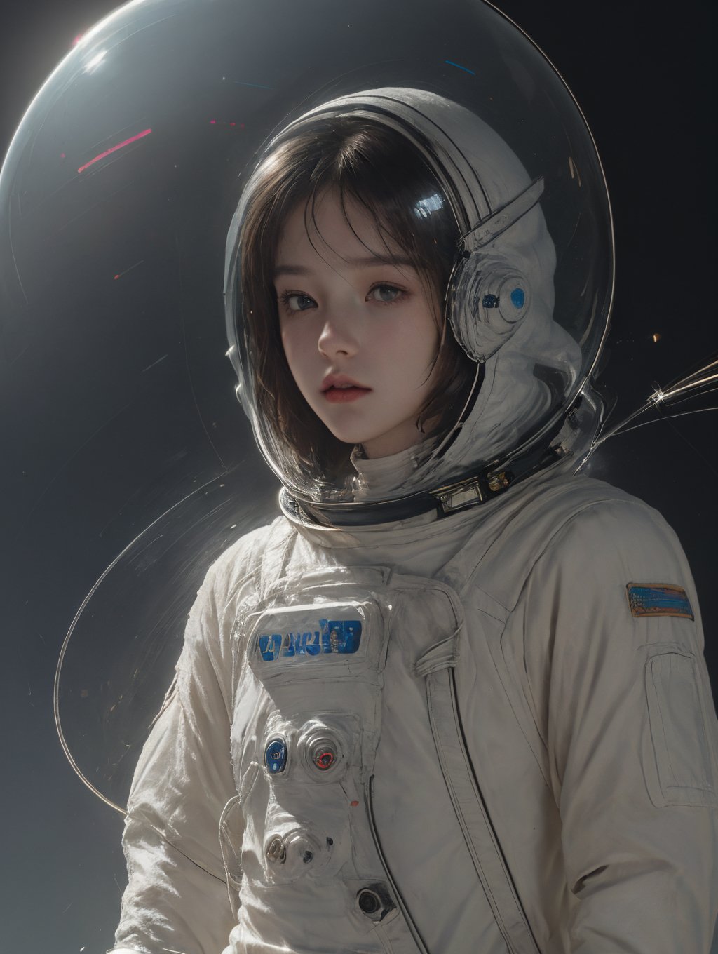 masterpiece, best quality,((Circular glass helmet:1.2)), ((Astronaut helmet)),Glass helmet,1girl, french braid,solo,( mechanization:1.3),(( spacesuit:1.2)), pillarboxed,((Wrapping neon light wires around one's body:1.2)),Technology,Body insertion line,((There is a glass cover on the head:1.2)), <lora:Space suit_20230627175314:0.36> <lora:LanAn_Girlish feeling:0.3>