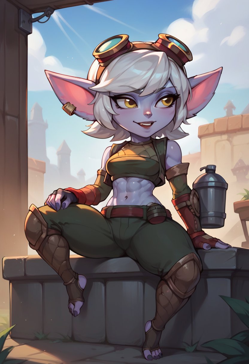 score_9, score_8_up, score_7_up, score_6_up, tr1st4na, yordle, 1girl, colored skin, pointy ears, short hair, white hair, yellow eyes, midriff, иgoggles, goggles on head, earrings, gloves, fingerless gloves, pants, toeless legwear, <lora:Tristana_Default_v1:0.7>, sitting