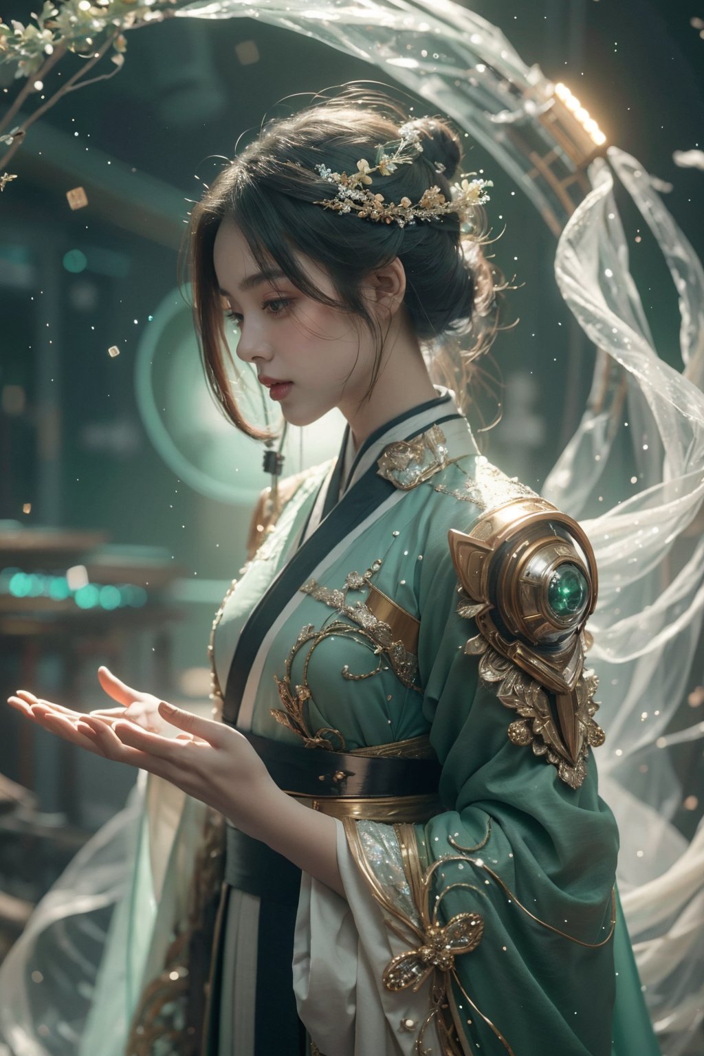 masterpiece,best quality,ultra high res,tashan,1girl,hanfu,mecha,Spring green theme,dream,science fiction,universe,<lora:踏山幻想:1>,sparkle,light particles,