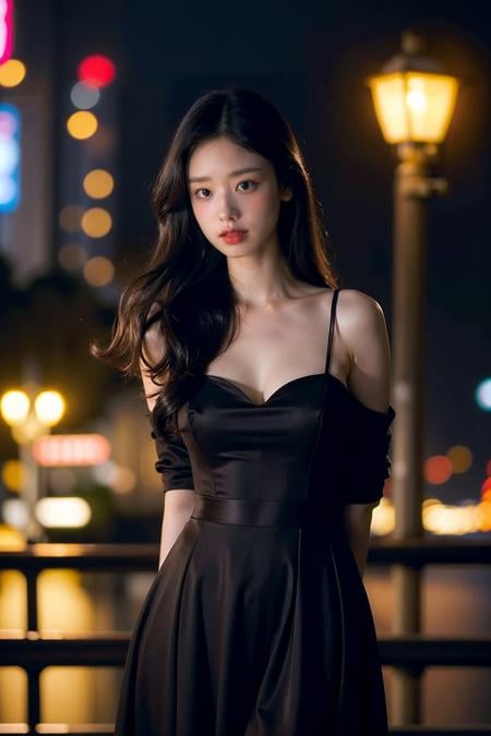 Best quality, masterpiece, ultra high res, (photorealistic:1.4), raw photo,1girl, solo, realistic, looking at viewer, parted lips,night, city lights bokeh, cowboy shoot, formal dress, <lora:makina69_doah_v1.0:1>