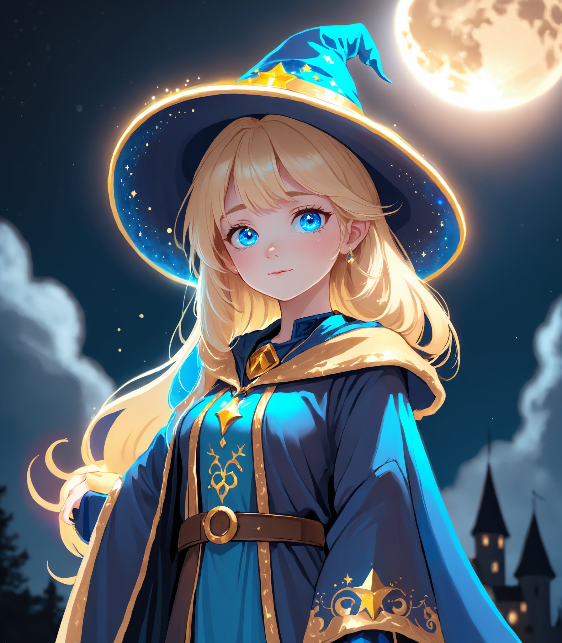 A photo of a blonde, blue-eyed cute Wizard girl standing on a moonlit night. A colorful, sparkling halo appears and colors the scene. She wears a wizard hat with gold embroidery and luxurious blue robes, creating a mysterious atmosphere.,blue moon