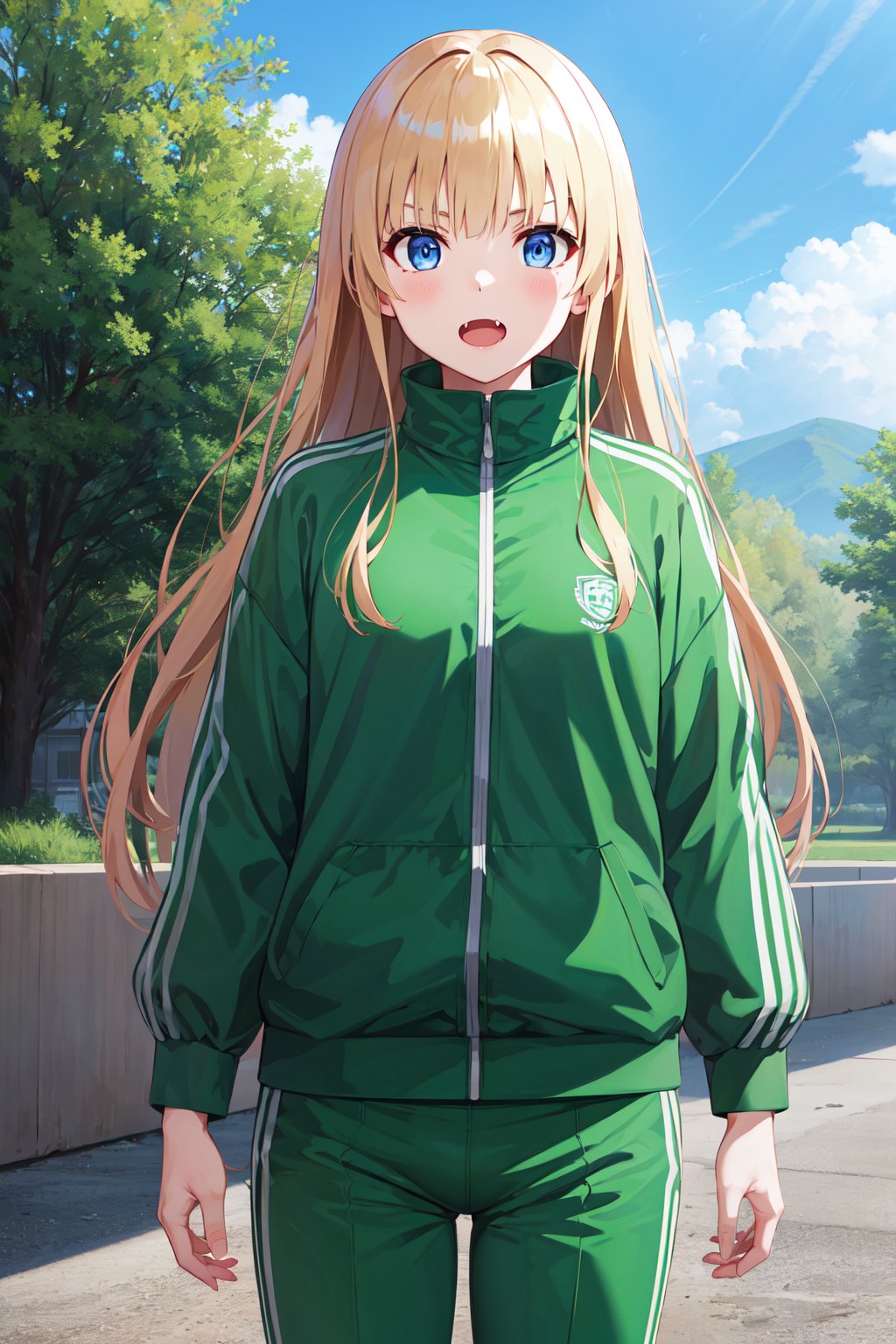 masterpiece, best quality, highres, aaeriri, long hair, fang, track jacket, green jacket, long sleeves, track pants, green pants, <lora:sawamura_spencer_eriri_v1:0.7>, standing, cowboy shot, outdoors