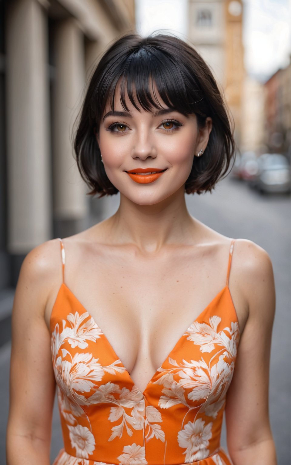 (best quality,4k,8k,highres,masterpiece:1.2),ultra-detailed,(realistic,photorealistic,photo-realistic:1.37), 1girl, solo, looking at viewer, short hair, large breasts, bangs, black hair, orange dress, parted lips, (orange and white dress:1.2), professional photography, portrait <lora:Joy_Slider_XL:0.5>