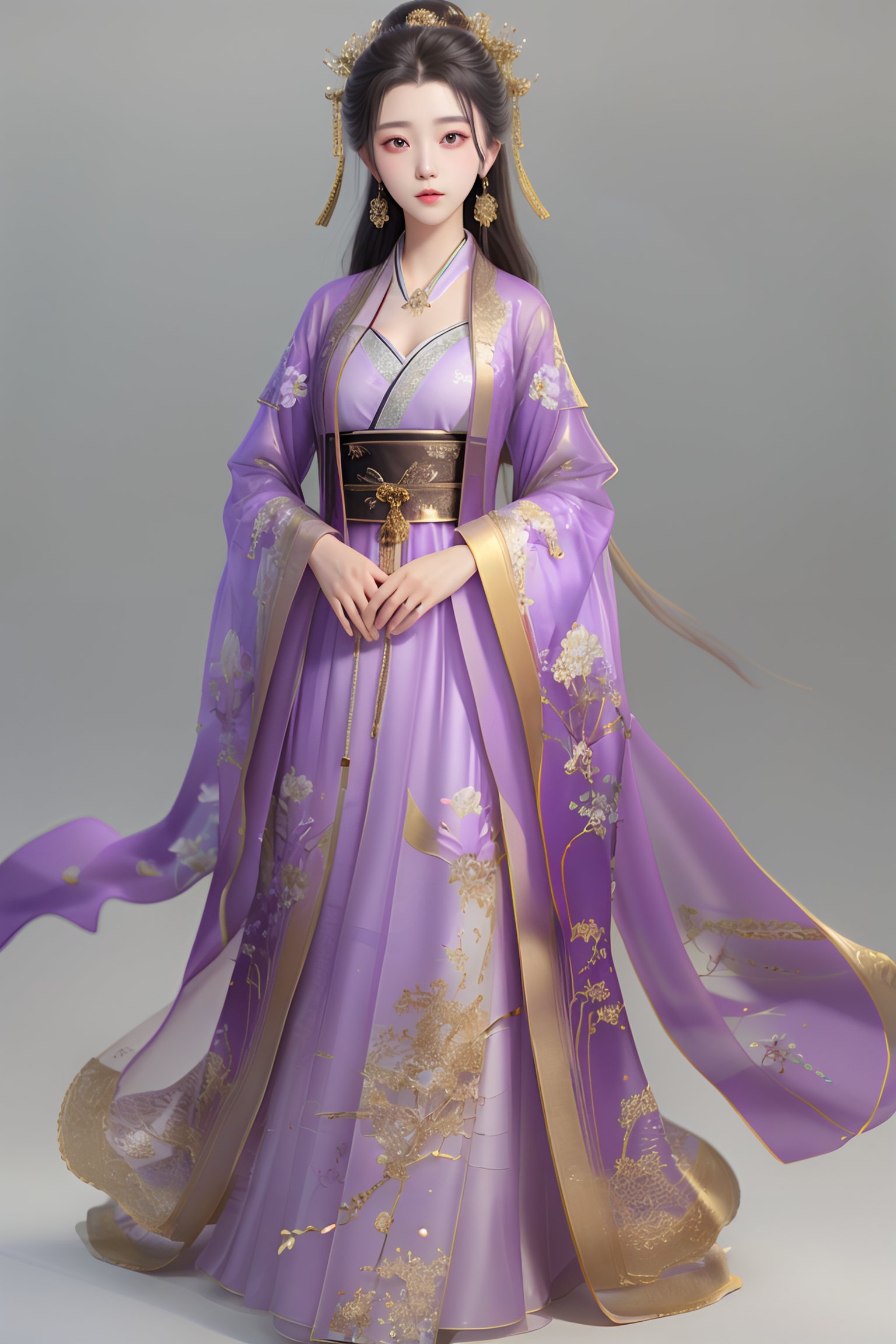 Highest quality,(full body photo: 1.3),Beautiful young woman wearing purple hanfu,Translucent,silky,noble temperament,intricate gold embroidery on the clothes,dark background