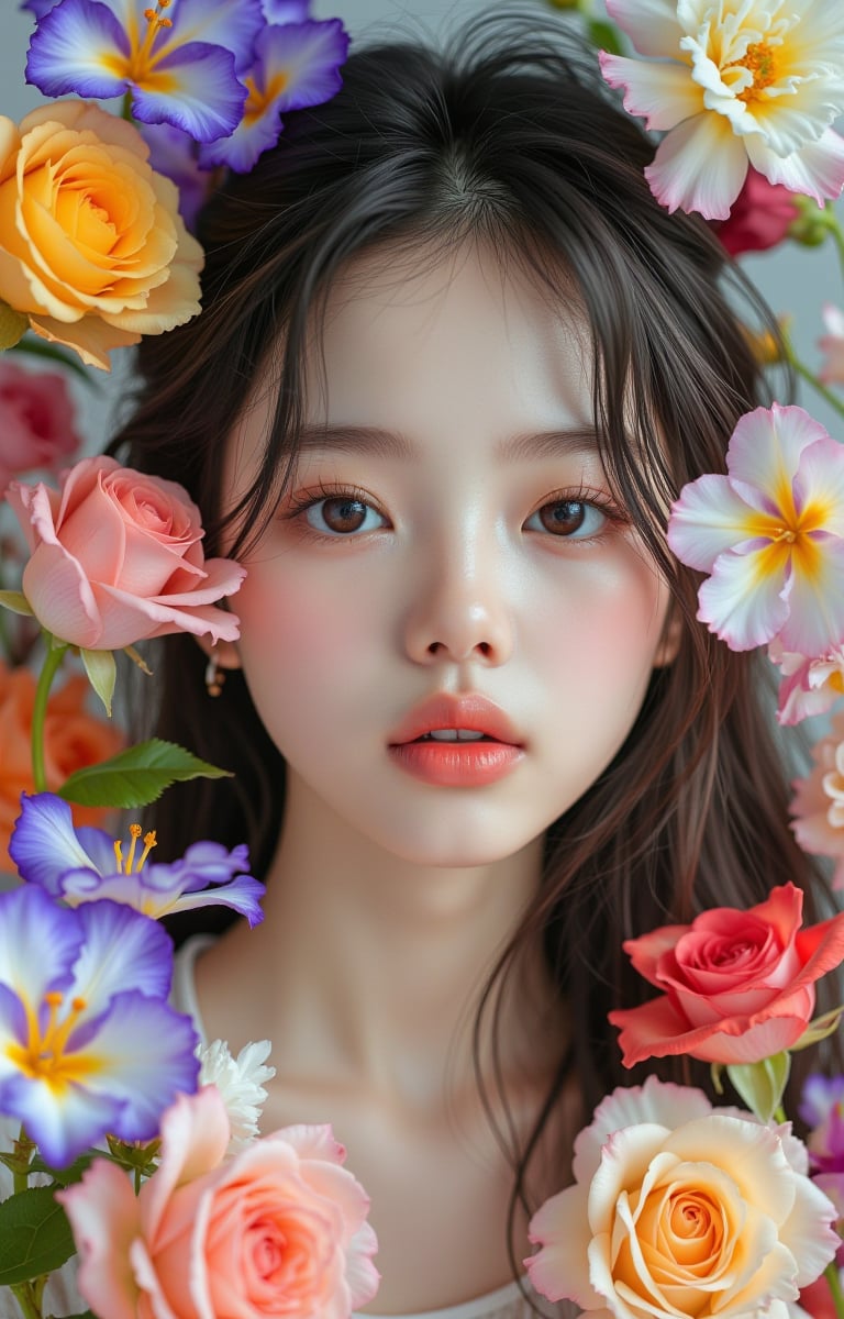 A portrait of a girl with exquisite facial features,bright eyes,and a gentle smile. Her hair is long and flowing,cascading over her shoulders. Surrounded by a variety of flowers including roses,lilies,and violets,all in vibrant colors,creating a harmonious contrast to the girl's soft image. High quality photo,ultra-detailed,sharp focus,photorealistic.,