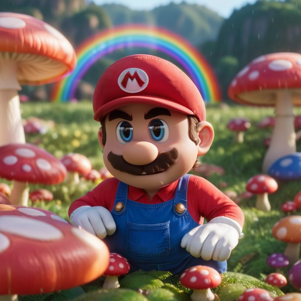 cinematic photo  mario , rainbow, mushroom <lora:Mario1024-000200:0.8> . 35mm photograph, film, bokeh, professional, 4k, highly detailed